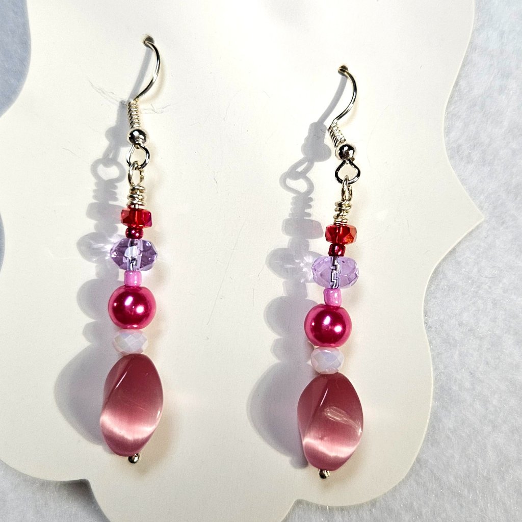 J76 Handmade Beaded Pink And Purple Dangle Earrings With Vintage Beads